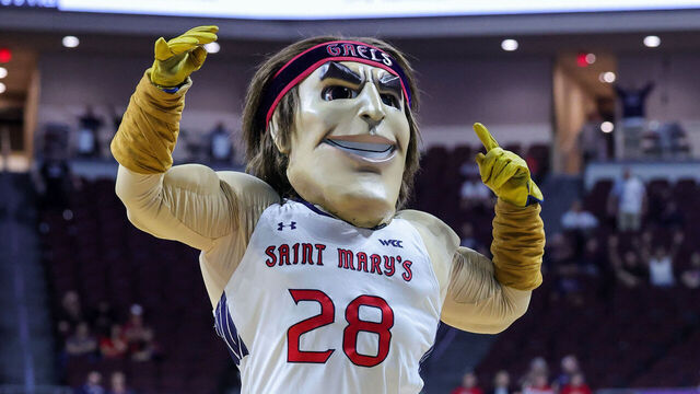 LAS VEGAS, NEVADA - MARCH 09: The Saint Mary's Gaels mascot Gideon performs perform during a semifinal game of the West Coast Conference men's basketball tournament between the Gaels and the Santa Clara Broncos at the Orleans Arena on March 09, 2026 in Las Vegas, Nevada. The Broncos defeated the Gaels 76-71.