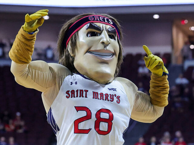 LAS VEGAS, NEVADA - MARCH 09: The Saint Mary's Gaels mascot Gideon performs perform during a semifinal game of the West Coast Conference men's basketball tournament between the Gaels and the Santa Clara Broncos at the Orleans Arena on March 09, 2026 in Las Vegas, Nevada. The Broncos defeated the Gaels 76-71.