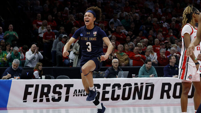 COLUMBUS, OHIO - MARCH 23: Guard Hannah Hidalgo (3) of the Notre Dame Fighting Irish celebrates during a second round game of the 2026 NCAA Women's Basketball Tournament against the Ohio State Buckeyes held at Jerome Schottenstein Center on March 23, 2026 in Columbus, Ohio.