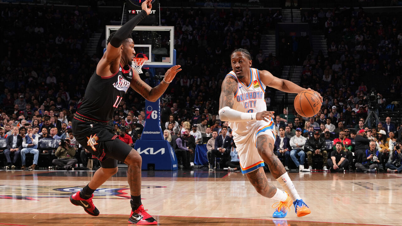 PHILADELPHIA, PA - MARCH 23: Jalen Williams #8 of the Oklahoma City Thunder dribbles the ball during the gameagainst the Philadelphia 76ers on March 23, 2026 at the Wells Fargo Center in Philadelphia, Pennsylvania NOTE TO USER: User expressly acknowledges and agrees that, by downloading and/or using this Photograph, user is consenting to the terms and conditions of the Getty Images License Agreement. Mandatory Copyright Notice: Copyright 2026 NBAE