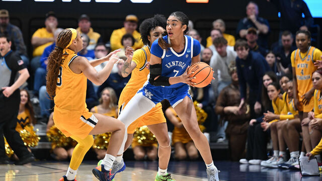 MORGANTOWN, WEST VIRGINIA - MARCH 23: Gia Cooke #3 of the West Virginia Mountaineers defends Teonni Key #7 of the Kentucky Wildcats in the first half during a second round game of the 2026 NCAA Women's Basketball Tournament held at Hope Coliseum on March 23, 2026 in Morgantown, West Virginia.