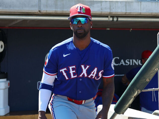 SCOTTSDALE, AZ - MARCH 21: Andrew McCutchen #4 of the Texas Rangers takes the field prior to the game between the Texas Rangers and the Arizona Diamondbacks at Salt River Fields at Talking Stick on Saturday, March 21, 2026 in Scottsdale, Arizona.