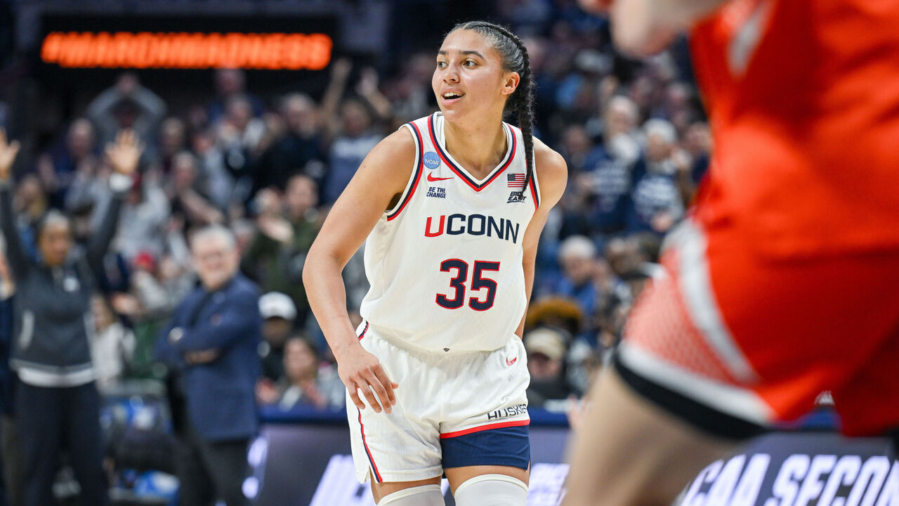 STORRS, CONNECTICUT - MARCH 23: Azzi Fudd #35 of the UConn Huskies reacts after scoring a three point basket during a second round game against the Syracuse Orange in the 2026 NCAA Women's Basketball Tournament held at Harry A. Gampel Pavilion on March 23, 2026 in Storrs, Connecticut.
