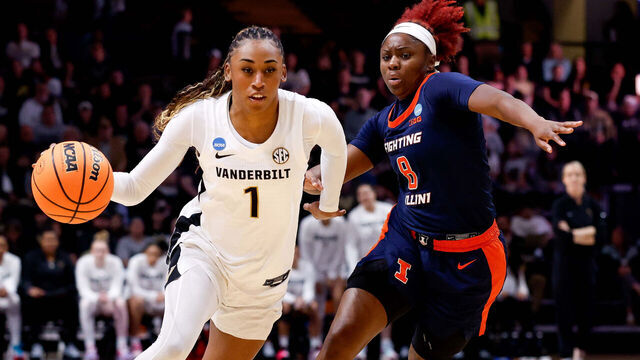 NASHVILLE, TENNESSEE - MARCH 23: Mikayla Blakes #1 of the Vanderbilt Commodores dribbles against Jasmine Brown-Hagger #8 of the Illinois Fighting Illini during the first quarter of a second round game in the 2026 NCAA Women's Basketball Tournament held at Memorial Gym on March 23, 2026 in Nashville, Tennessee.
