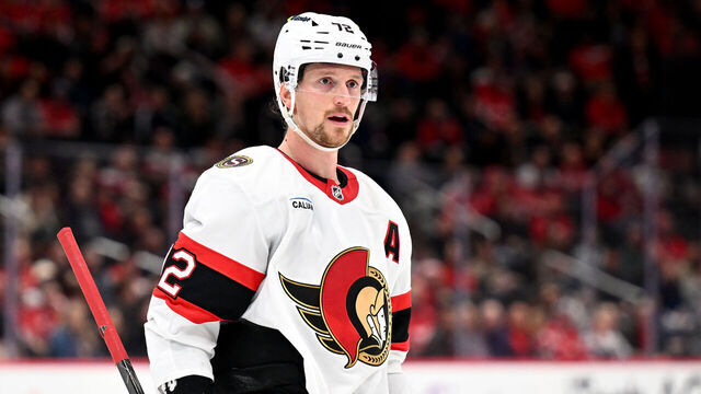 WASHINGTON, DC - MARCH 18: Thomas Chabot #72 of the Ottawa Senators rests during a break in the game against the Washington Capitals at Capital One Arena on March 18, 2026 in Washington, DC.