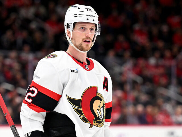 WASHINGTON, DC - MARCH 18: Thomas Chabot #72 of the Ottawa Senators rests during a break in the game against the Washington Capitals at Capital One Arena on March 18, 2026 in Washington, DC.