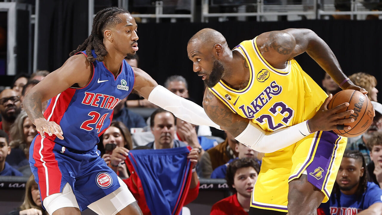 DETROIT, MI - MARCH 23: Daniss Jenkins #24 of the Detroit Pistons plays defense during the game against LeBron James #23 of the Los Angeles Lakers on March 23, 2026 at Little Caesars Arena in Detroit, Michigan. NOTE TO USER: User expressly acknowledges and agrees that, by downloading and/or using this photograph, User is consenting to the terms and conditions of the Getty Images License Agreement. Mandatory Copyright Notice: Copyright 2026 NBAE