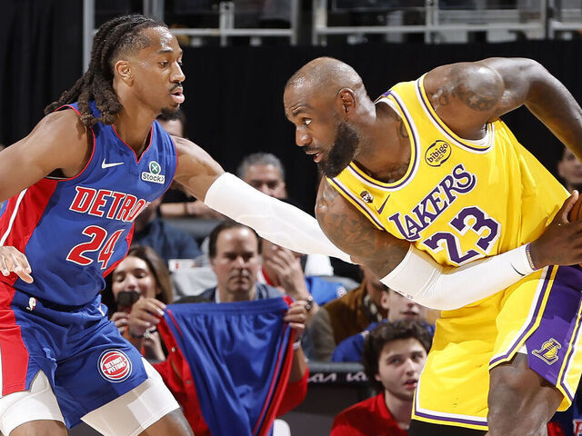 DETROIT, MI - MARCH 23: Daniss Jenkins #24 of the Detroit Pistons plays defense during the game against LeBron James #23 of the Los Angeles Lakers on March 23, 2026 at Little Caesars Arena in Detroit, Michigan. NOTE TO USER: User expressly acknowledges and agrees that, by downloading and/or using this photograph, User is consenting to the terms and conditions of the Getty Images License Agreement. Mandatory Copyright Notice: Copyright 2026 NBAE