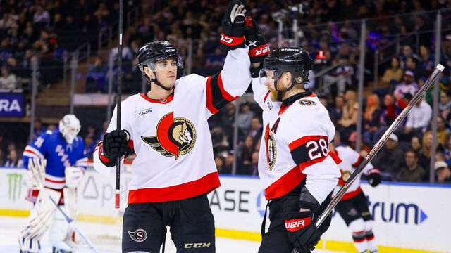 NEW YORK, NY - MARCH 23: Shane Pinto #12 of the Ottawa Senators celebrates a goal during the first period of the National Hockey League game between the Ottowa Senators and the New York Rangers on March 23, 2026 at Madison Square Garden in New York, NY.