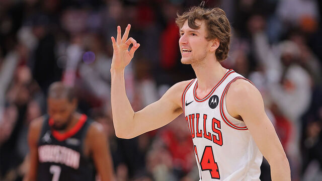 CHICAGO, IL - MARCH 23: Matas Buzelis #14 of the Chicago Bulls reacts after making a three-point basket during the second half against the Houston Rockets on March 23, 2026 at the United Center in Chicago, Illinois.