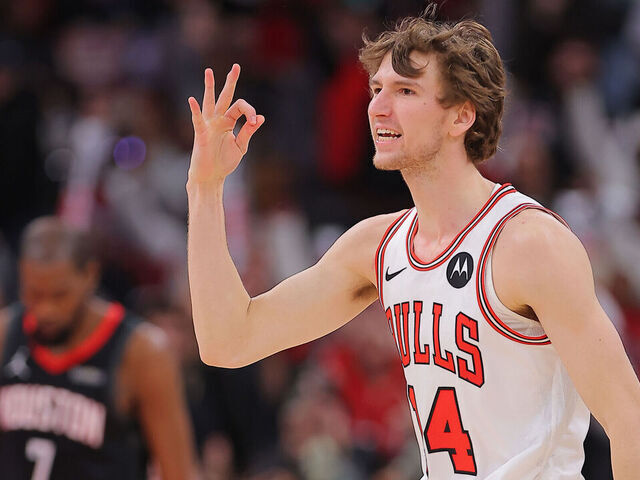 CHICAGO, IL - MARCH 23: Matas Buzelis #14 of the Chicago Bulls reacts after making a three-point basket during the second half against the Houston Rockets on March 23, 2026 at the United Center in Chicago, Illinois.