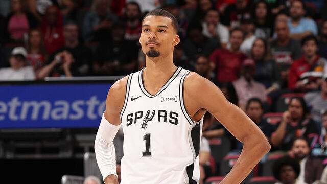 MIAMI, FL - MARCH 23: Victor Wembanyama #1 of the San Antonio Spurs looks on during the game against the Miami Heat on March 23, 2026 at Kaseya Center in Miami, Florida. Mandatory Copyright Notice: Copyright 2026 NBAE