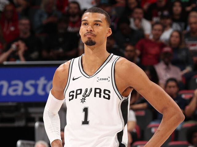 MIAMI, FL - MARCH 23: Victor Wembanyama #1 of the San Antonio Spurs looks on during the game against the Miami Heat on March 23, 2026 at Kaseya Center in Miami, Florida. Mandatory Copyright Notice: Copyright 2026 NBAE