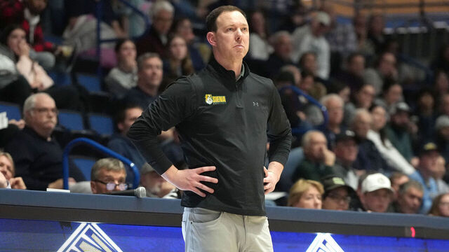EMMITSBURG, MARYLAND - JANUARY 11: Head coach Gerry McNamara of the Siena Saints looks on during a college basketball game against the Mount St. Mary's Mountaineers at the Knott Arena on January 11, 2026 in Emmitsburg, Maryland.