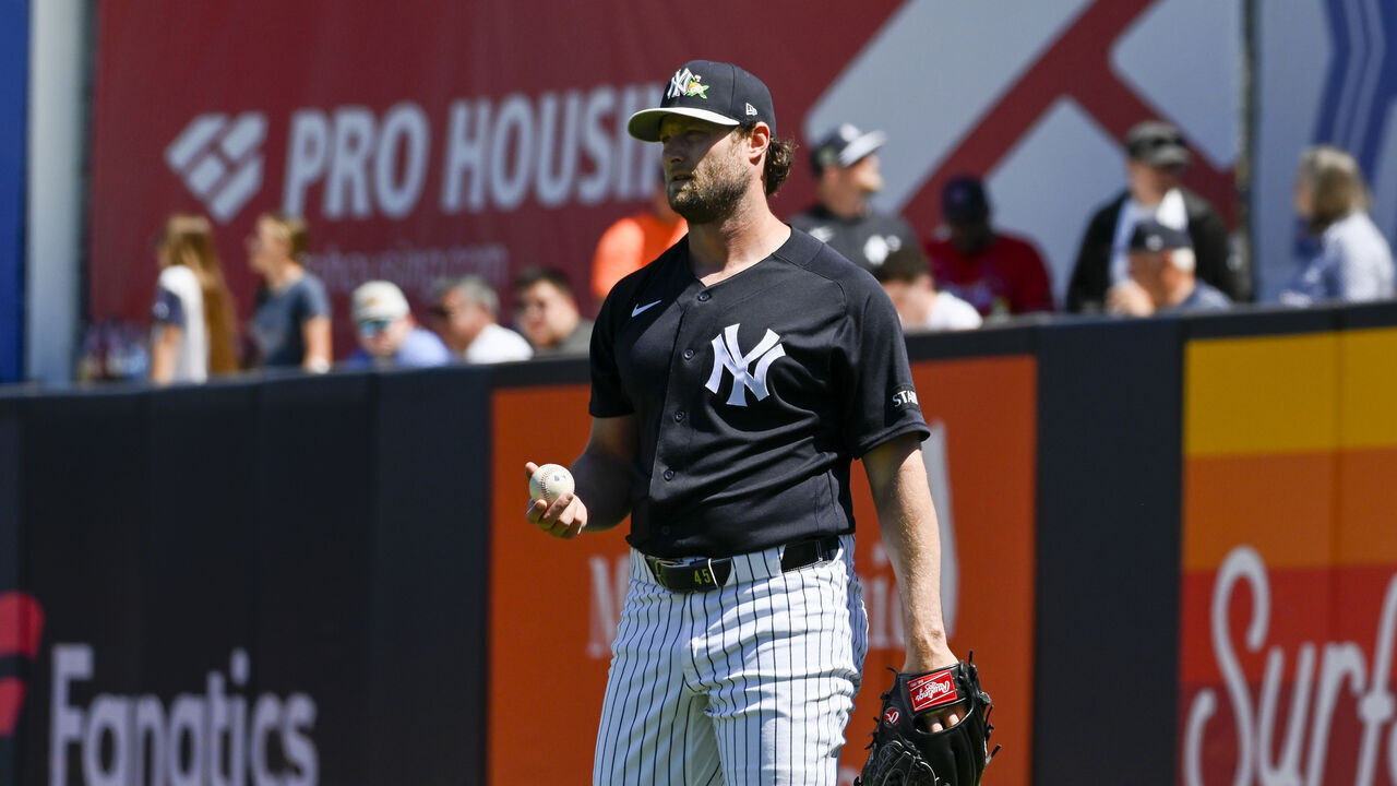 TAMPA, FLORIDA - MARCH 18, 2026: Gerrit Cole #45 of the New York Yankees warms up prior to a game against the Boston Red Sox at George M. Steinbrenner Field on March 18, 2026 in Tampa, Florida. The Yankees beat the Red Sox, 1-0.