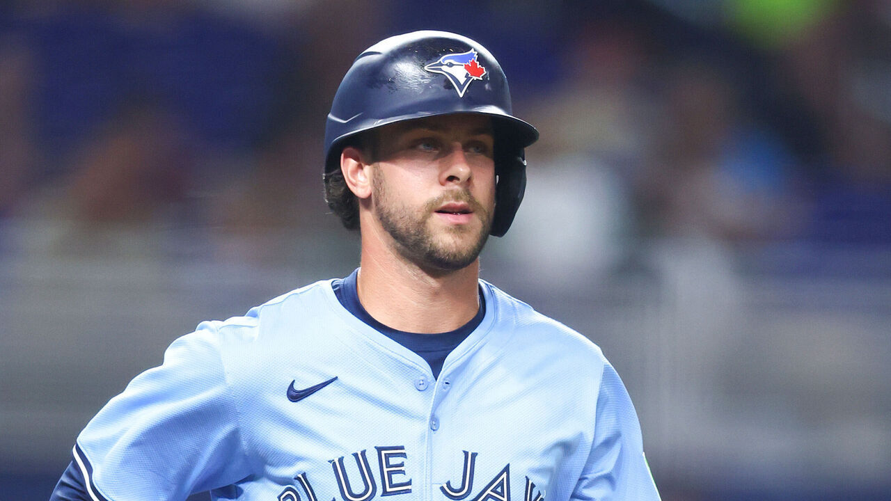 MIAMI, FLORIDA - AUGUST 22: Ernie Clement #22 of the Toronto Blue Jays at bat against the Miami Marlins in the fourth inning of the game at loanDepot park on August 22, 2025 in Miami, Florida.