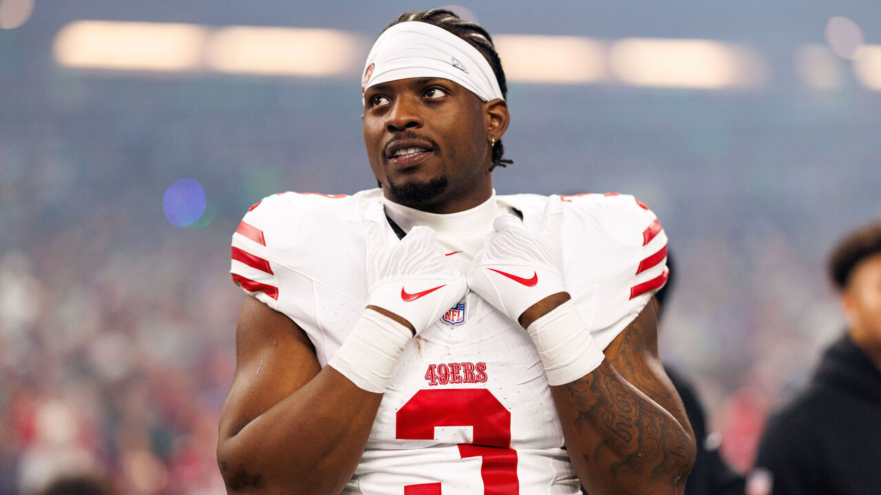 SEATTLE, WASHINGTON - JANUARY 17: Brian Robinson Jr. #3 of the San Francisco 49ers stands on the sidelines during the national anthem prior to an NFL divisional playoff football game against the Seattle Seahawks at Lumen Field on January 17, 2026 in Seattle, Washington.