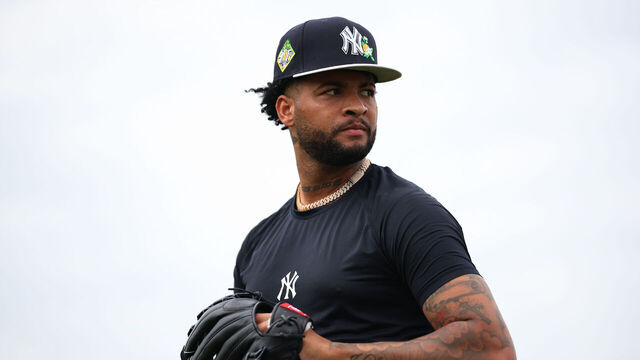 TAMPA, FL - FEBRUARY 26: Luis Gil #81 of the New York Yankees works out before a spring training game against the Atlanta Braves at George M. Steinbrenner Field on February 26, 2026 in Tampa, Florida.
