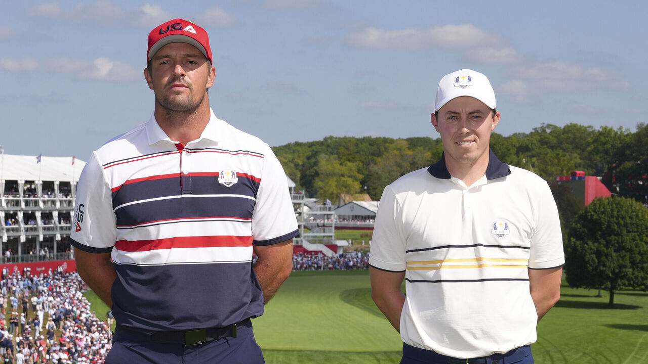 FARMINGDALE, NY - SEPTEMBER 28: Bryson DeChambeau of Team United States and Matt Fitzpatrick of Team Europe pose on the first hole tee box during the 2025 Ryder Cup on the Black Course at Bethpage State Park on Sunday, September 28, 2025 in Farmingdale, New York.