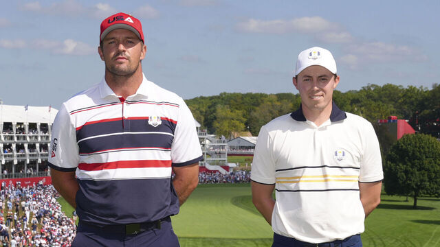 FARMINGDALE, NY - SEPTEMBER 28: Bryson DeChambeau of Team United States and Matt Fitzpatrick of Team Europe pose on the first hole tee box during the 2025 Ryder Cup on the Black Course at Bethpage State Park on Sunday, September 28, 2025 in Farmingdale, New York.