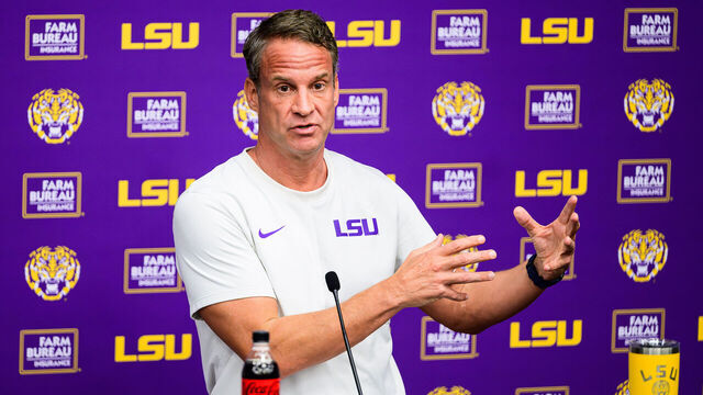 BATON ROUGE, LA - FEBRUARY 4: Head coach Lane Kiffin of the LSU Tigers speaks during a press conference on February 4, 2026 at the LSU Football Practice Facility in Baton Rouge, Louisiana.