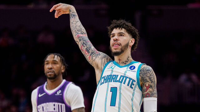 CHARLOTTE, NORTH CAROLINA - MARCH 24: LaMelo Ball #1 of the Charlotte Hornets watches his shot in the first half against the Sacramento Kings during their game at Spectrum Center on March 24, 2026 in Charlotte, North Carolina.