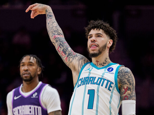 CHARLOTTE, NORTH CAROLINA - MARCH 24: LaMelo Ball #1 of the Charlotte Hornets watches his shot in the first half against the Sacramento Kings during their game at Spectrum Center on March 24, 2026 in Charlotte, North Carolina.