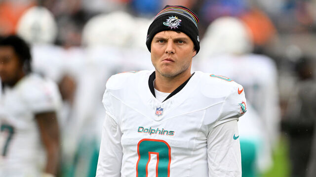 CLEVELAND, OHIO - OCTOBER 19: Zach Wilson #0 of the Miami Dolphins looks on at halftime against the Cleveland Browns at Huntington Bank Field on October 19, 2025 in Cleveland, Ohio.