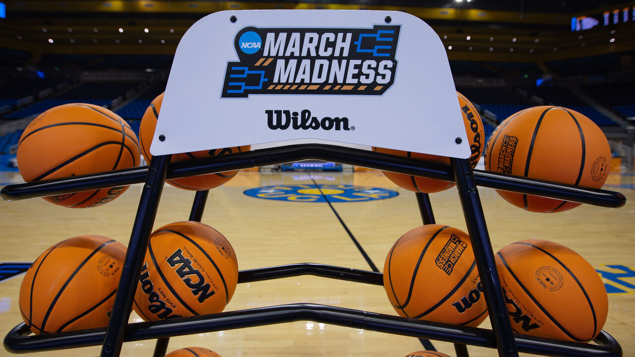 LOS ANGELES, CA - MARCH 21: A basketball cart displaying the March Madness logo sits on the court prior to the Oklahoma State Cowboys versus the Princeton Tigers NCAA Women's Championship first round game on March 21, 2026, at Pauley Pavilion in Los Angeles, California.