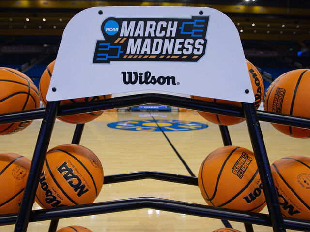 LOS ANGELES, CA - MARCH 21: A basketball cart displaying the March Madness logo sits on the court prior to the Oklahoma State Cowboys versus the Princeton Tigers NCAA Women's Championship first round game on March 21, 2026, at Pauley Pavilion in Los Angeles, California.