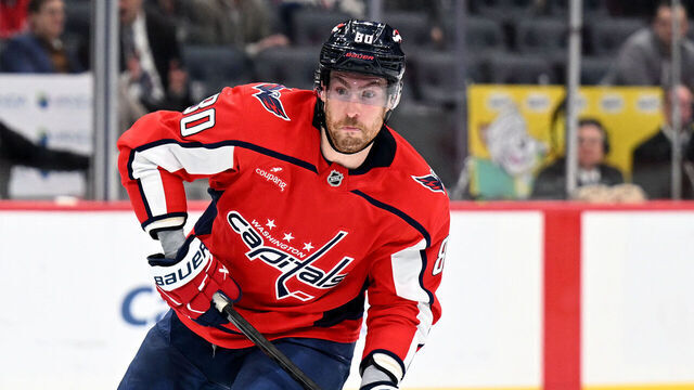 WASHINGTON, DC - MARCH 18: Pierre-Luc Dubois #80 of the Washington Capitals shoots the puck against the Ottawa Senators at Capital One Arena on March 18, 2026 in Washington, DC.