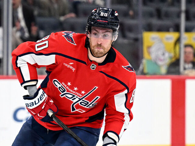 WASHINGTON, DC - MARCH 18: Pierre-Luc Dubois #80 of the Washington Capitals shoots the puck against the Ottawa Senators at Capital One Arena on March 18, 2026 in Washington, DC.
