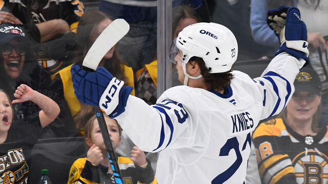 BOSTON, MASSACHUSETTS - MARCH 24: Matthew Knies #23 of the Toronto Maple Leafs celebrates the second-period goal against the Boston Bruins at the TD Garden on March 24, 2026 in Boston, Massachusetts.