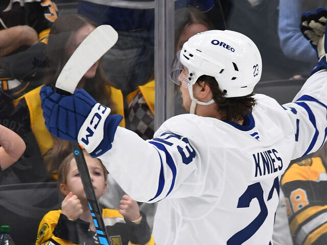 BOSTON, MASSACHUSETTS - MARCH 24: Matthew Knies #23 of the Toronto Maple Leafs celebrates the second-period goal against the Boston Bruins at the TD Garden on March 24, 2026 in Boston, Massachusetts.