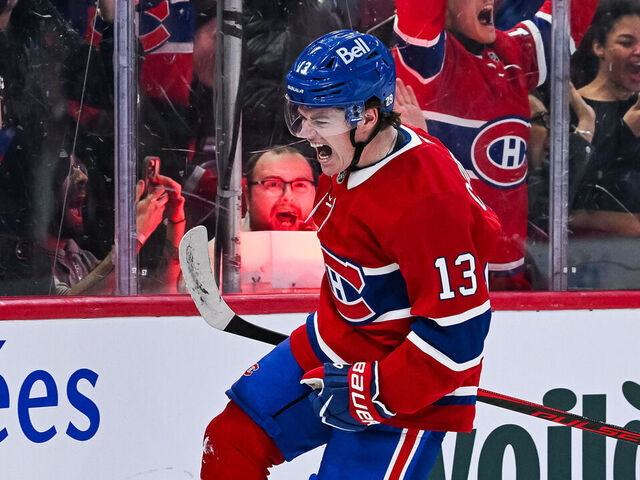 MONTREAL, QC - MARCH 24: Montreal Canadiens right wing Cole Caufield (13) reacts after scoring a goal during the Carolina Hurricanes versus the Montreal Canadiens game on March 24, 2026, at Bell Centre in Montreal, QC