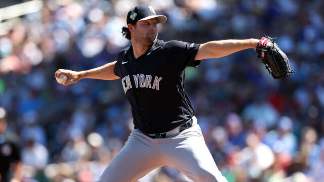 MESA, ARIZONA - MARCH 24: Pitcher Gerrit Cole #45 of the New York Yankees pitches against the Chicago Cubs during the first inning of a spring training game at Sloan Park on March 24, 2026 in Mesa, Arizona.