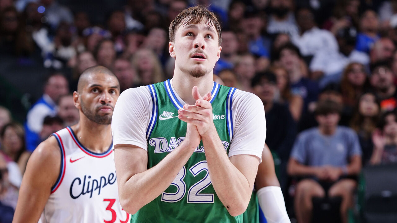 DALLAS, TX - MARCH 21: Cooper Flagg #32 of the Dallas Mavericks reacts during the game against the LA Clippers on March 21, 2026 at American Airlines Center in Dallas, Texas. Mandatory Copyright Notice: Copyright 2026 NBAE