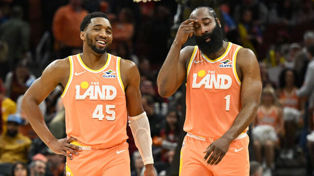 CLEVELAND, OHIO - MARCH 24: Donovan Mitchell #45 and James Harden #1 of the Cleveland Cavaliers react during the second half against the Orlando Magic at Rocket Arena on March 24, 2026 in Cleveland, Ohio.