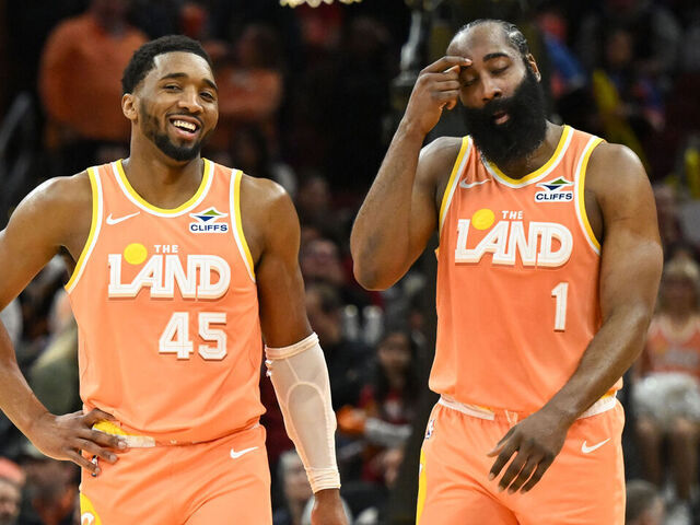 CLEVELAND, OHIO - MARCH 24: Donovan Mitchell #45 and James Harden #1 of the Cleveland Cavaliers react during the second half against the Orlando Magic at Rocket Arena on March 24, 2026 in Cleveland, Ohio.