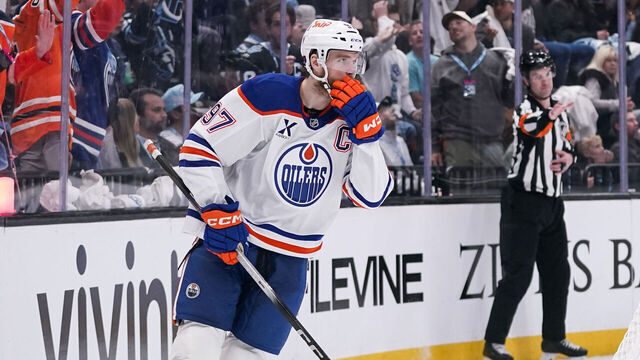 SALT LAKE CITY, UT - MARCH 24: Connor McDavid #97 of the Edmonton Oilers celebrates a second period goal during an NHL game between the Edmonton Oilers and the Utah Mammoth on March 24, 2026 at the Delta Center in Salt Lake City, UT.