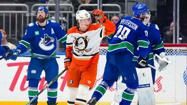 VANCOUVER, CANADA - MARCH 24: Mikael Granlund #64 of the Anaheim Ducks celebrates scoring a goal against the Vancouver Canucks during the third period at Rogers Arena on March 24, 2026 in Vancouver, British Columbia, Canada.