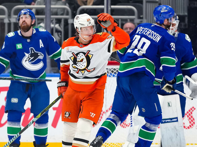 VANCOUVER, CANADA - MARCH 24: Mikael Granlund #64 of the Anaheim Ducks celebrates scoring a goal against the Vancouver Canucks during the third period at Rogers Arena on March 24, 2026 in Vancouver, British Columbia, Canada.