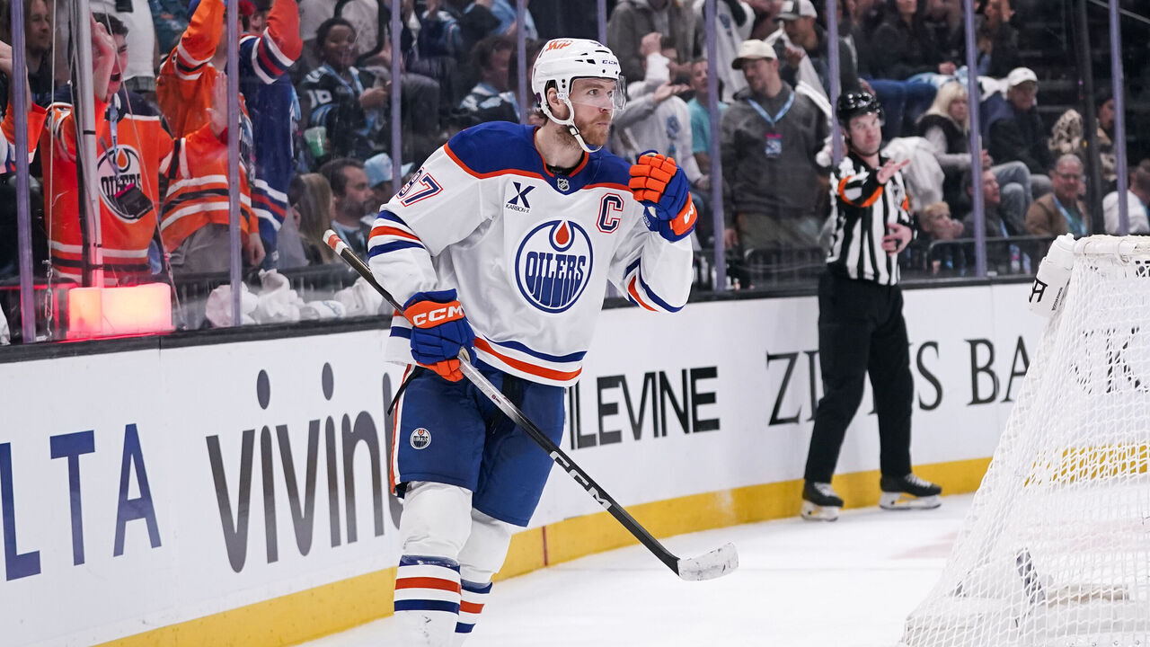 SALT LAKE CITY, UT - MARCH 24: Connor McDavid #97 of the Edmonton Oilers celebrates a second period goal during an NHL game between the Edmonton Oilers and the Utah Mammoth on March 24, 2026 at the Delta Center in Salt Lake City, UT.