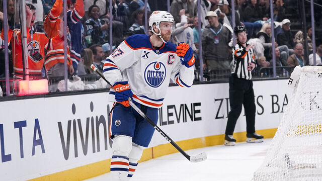 SALT LAKE CITY, UT - MARCH 24: Connor McDavid #97 of the Edmonton Oilers celebrates a second period goal during an NHL game between the Edmonton Oilers and the Utah Mammoth on March 24, 2026 at the Delta Center in Salt Lake City, UT.