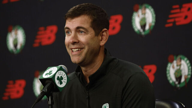 BOSTON, MA - SEPTEMBER 29: Brad Stevens, president of basketball operations for the Boston Celtics, smiles during a press conference at Boston Celtics media day at the Auerbach Center on September 29, 2025 in Boston, Massachusetts.