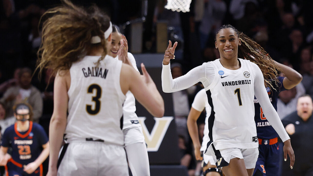 NASHVILLE, TENNESSEE - MARCH 23: Mikayla Blakes #1 of the Vanderbilt Commodores reacts after a made three-point basket during the first half of a second round game in the 2026 NCAA Women's Basketball Tournament against the Illinois Fighting Illini at Memorial Gym on March 23, 2026 in Nashville, Tennessee.