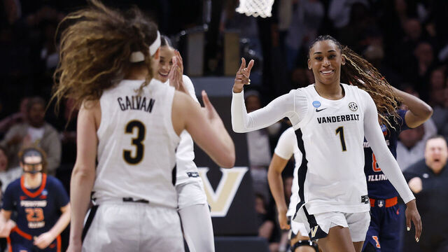 NASHVILLE, TENNESSEE - MARCH 23: Mikayla Blakes #1 of the Vanderbilt Commodores reacts after a made three-point basket during the first half of a second round game in the 2026 NCAA Women's Basketball Tournament against the Illinois Fighting Illini at Memorial Gym on March 23, 2026 in Nashville, Tennessee.
