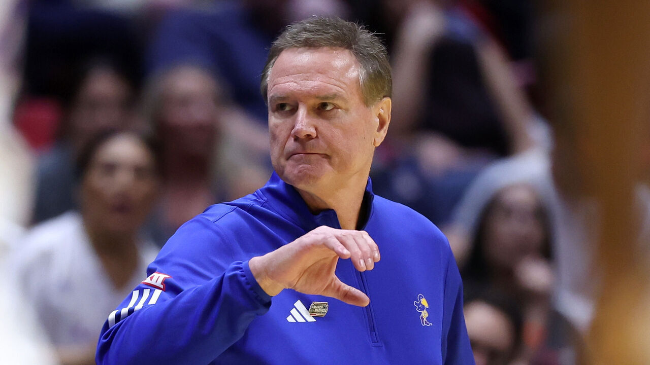 SAN DIEGO, CALIFORNIA - MARCH 22: Head coach Bill Self of the Kansas Jayhawks gestures during the first half against the St. John's Red Storm in the second round of the 2026 NCAA Men's Basketball Tournament at Viejas Arena at San Diego State University on March 22, 2026 in San Diego, California.