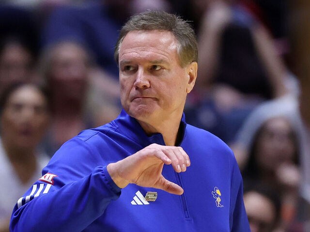 SAN DIEGO, CALIFORNIA - MARCH 22: Head coach Bill Self of the Kansas Jayhawks gestures during the first half against the St. John's Red Storm in the second round of the 2026 NCAA Men's Basketball Tournament at Viejas Arena at San Diego State University on March 22, 2026 in San Diego, California.