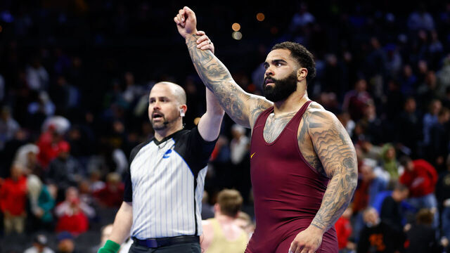 PHILADELPHIA, PENNSYLVANIA - MARCH 21: Gable Steveson of the University of Minnesota is declared the winner after defeating Owen Trephan of Lehigh University in the 285-pound class during the Division I Men's Wrestling Championship held at the Wells Fargo Center on March 21, 2025 in Philadelphia, Pennsylvania.